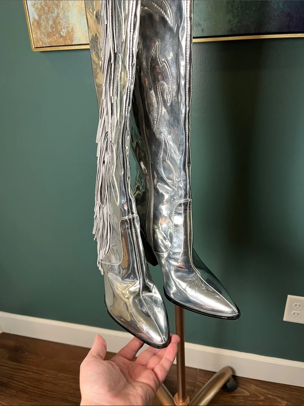 Silver Metallic Over-the-Knee Block Heel Cowgirl Boots